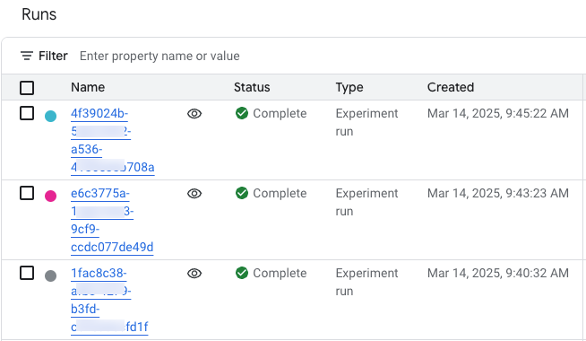 Vertex AI テストの一覧ページ