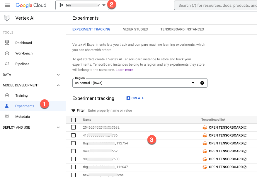 Lista de experimentos de Vertex AI