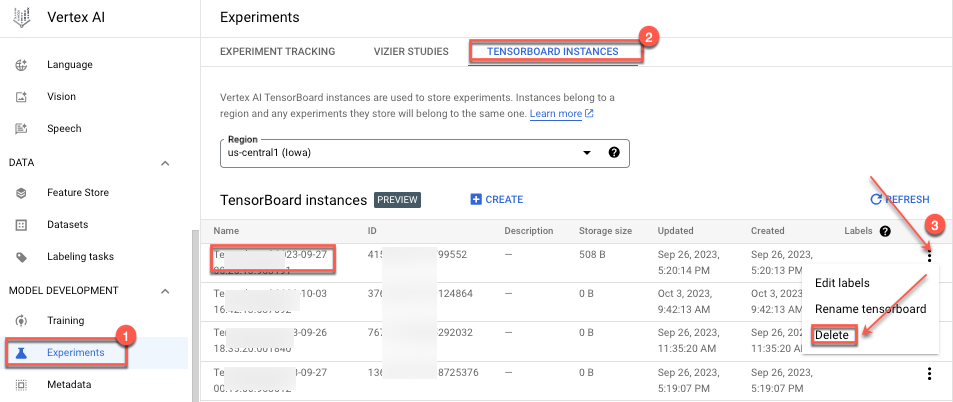 menghapus instance tensorboard