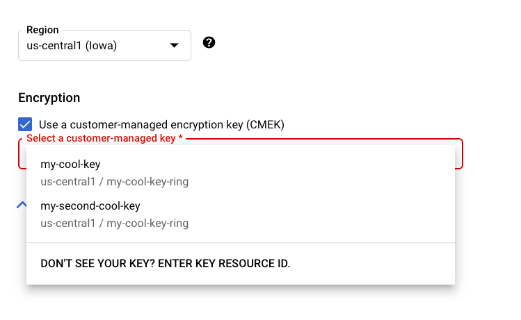 Sección Selecciona la clave de encriptación para el recurso