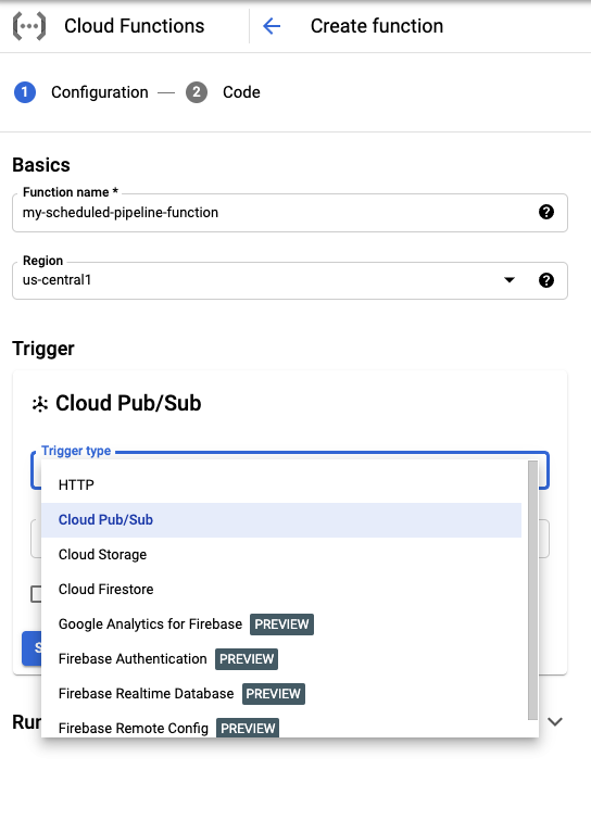 imagen de la configuración de creación de una función: elegir pubsub como tipo de activador