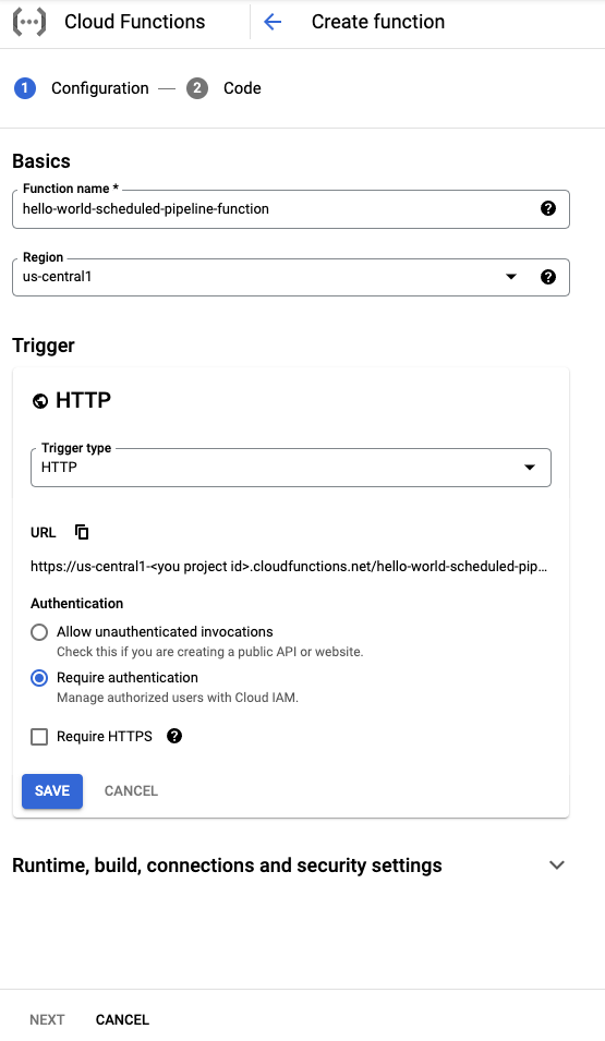 Crea configurazione funzione, scegli HTTP come tipo di trigger
