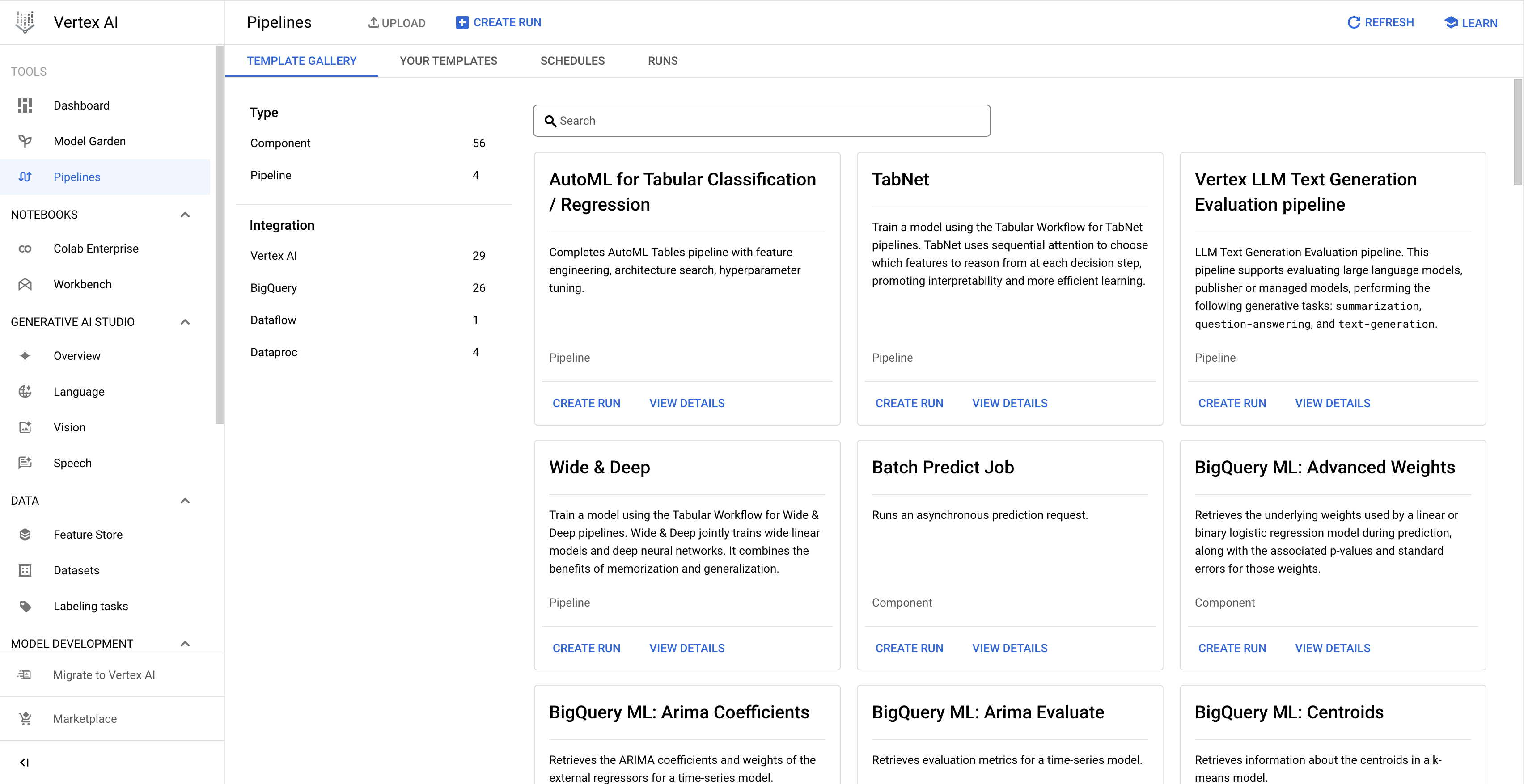 Shows the Template Gallery page containing Google-authored pipeline templates for Tabular Workflows