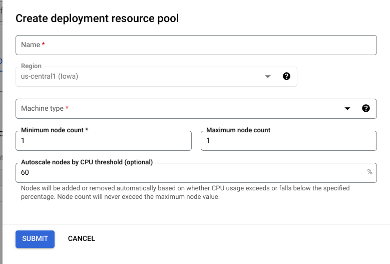 Create deployment resource pool form, with minimum and maximum node count set to 1 and Autoscale nodes by CPU threshold set to 60