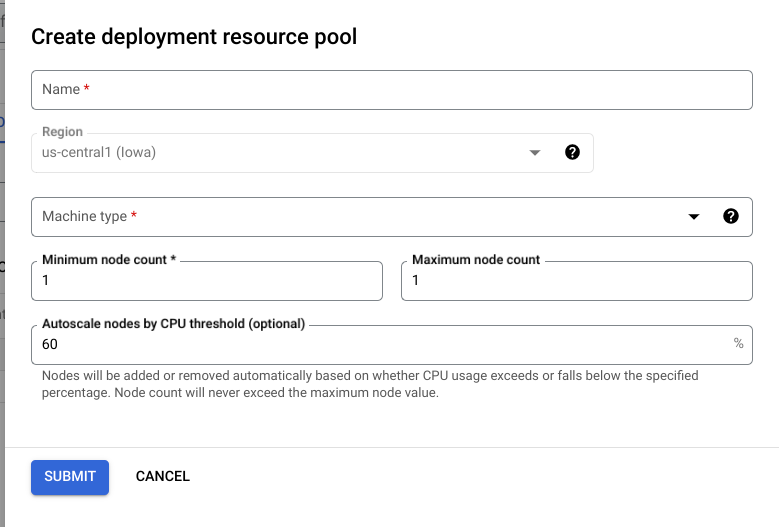 Crea il modulo del pool di risorse di deployment, con il conteggio minimo e massimo dei nodi impostato su 1 e la scalabilità automatica dei nodi in base alla soglia della CPU impostata su 60