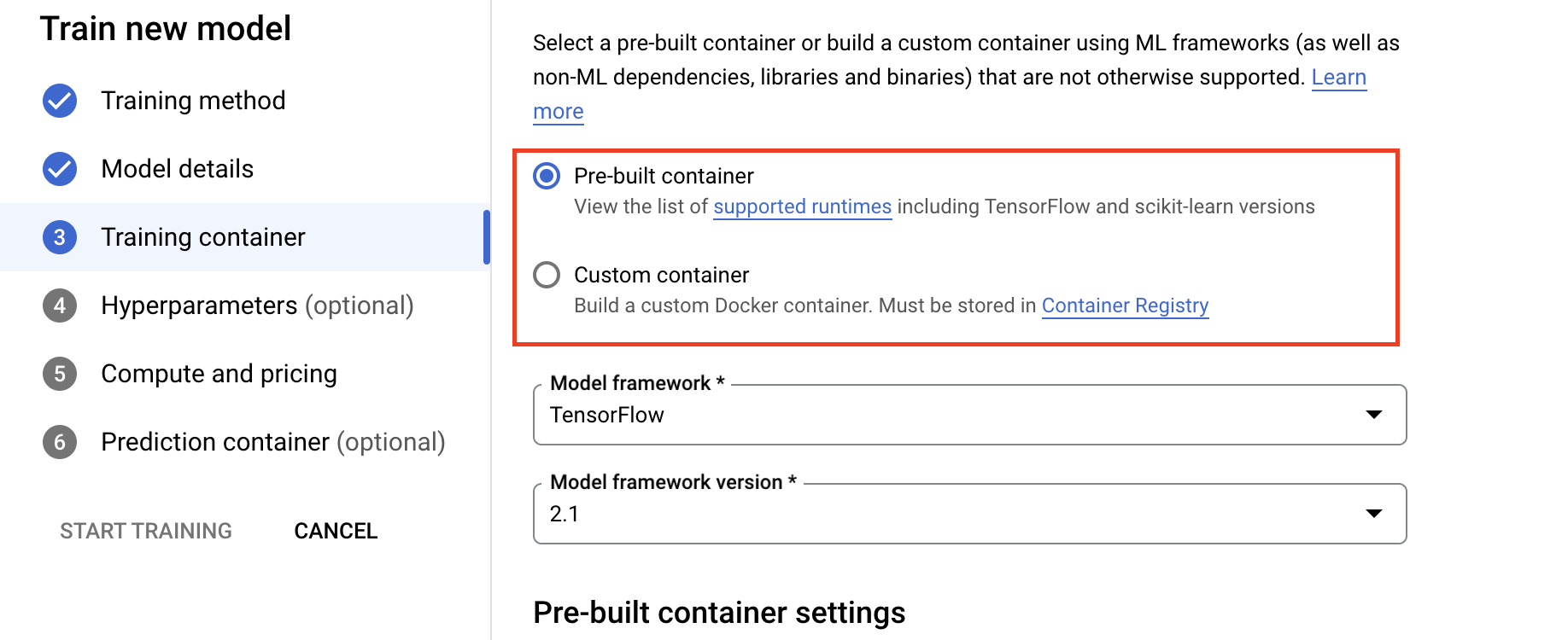 specifica il container di addestramento