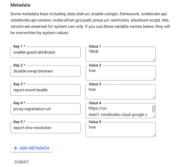 Example metadata key and value fields