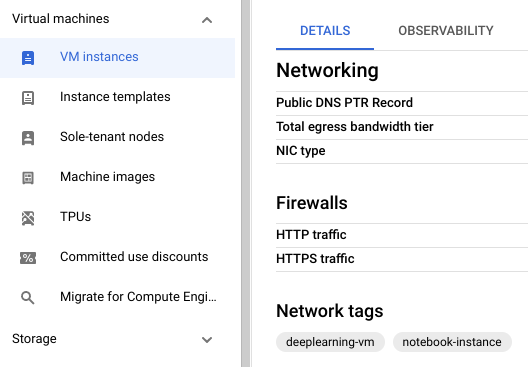 The Virtual machines 
  section of the console navigation menu, with VM instances selected, showing the currently assigned 
  Network tags.