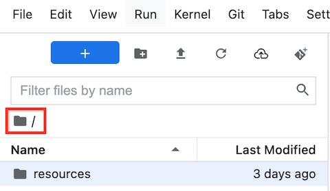 Browser file JupyterLab di Vertex AI Workbench, yang menandai folder utama tempat repositori GitHub dapat di-clone.