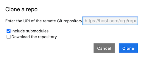 Finestra di dialogo che mostra il campo per l&#39;URL del repository e le opzioni per i sottomoduli e il download del repository.