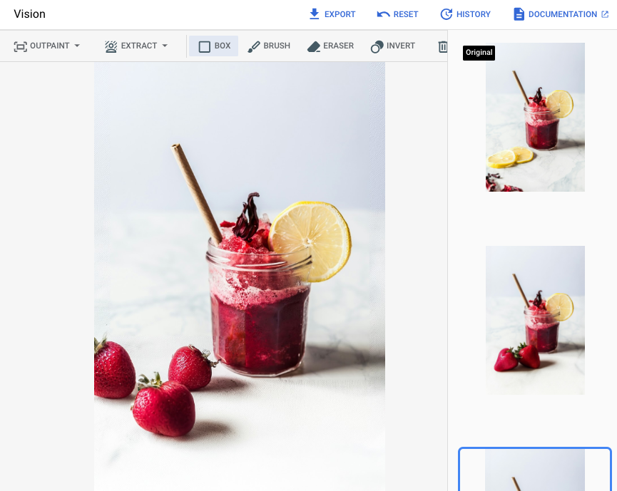 A screenshot from a generated edit of a glass jar containing a
           red liquid. In this screenshot, the lemon slices previously in the
           image foreground are replaced by three strawberries just to the left
           of the jar.