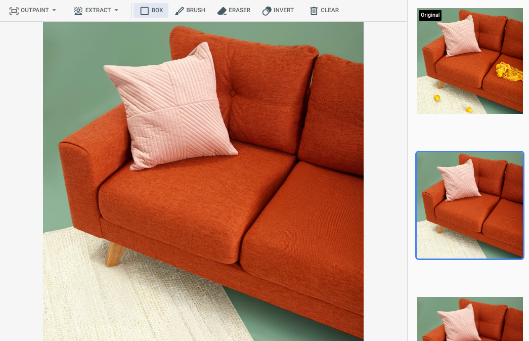 Ein Beispiel für ein bearbeitetes Bild zeigt das Sofa und den Teppich aus dem Eingabebeispiel ohne Zitronen.