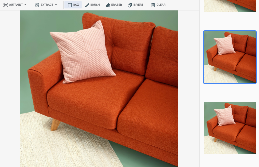 Ein Beispiel für ein bearbeitetes Bild zeigt das Sofa und den Teppich aus dem Eingabebeispiel ohne Zitronen.