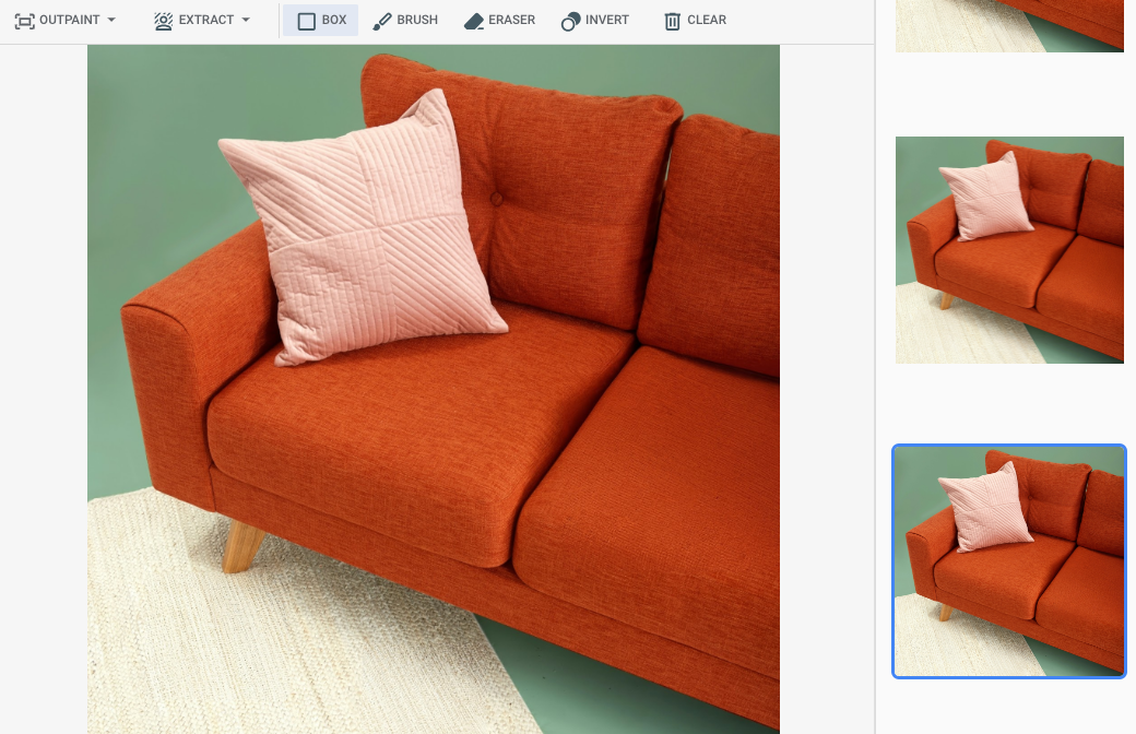 Ein Beispiel für ein bearbeitetes Bild zeigt das Sofa und den Teppich aus dem Eingabebeispiel ohne Zitronen.