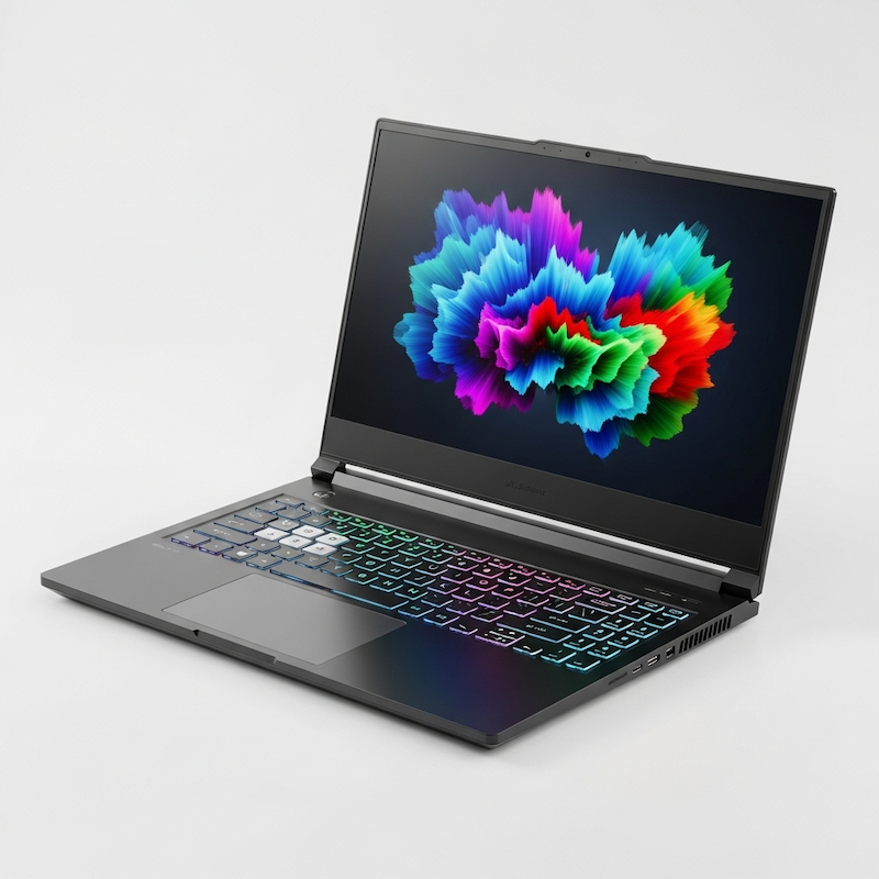 Ein schwarzer Laptop mit mehrfarbiger Hintergrundbeleuchtung auf der Tastatur und einem bunten Testbild auf dem Bildschirm, auf einem weißen Hintergrund platziert.