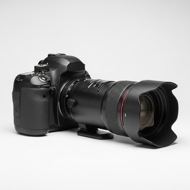 Kamera SLR digital dengan lensa besar terpasang, diletakkan di atas
             latar belakang putih.