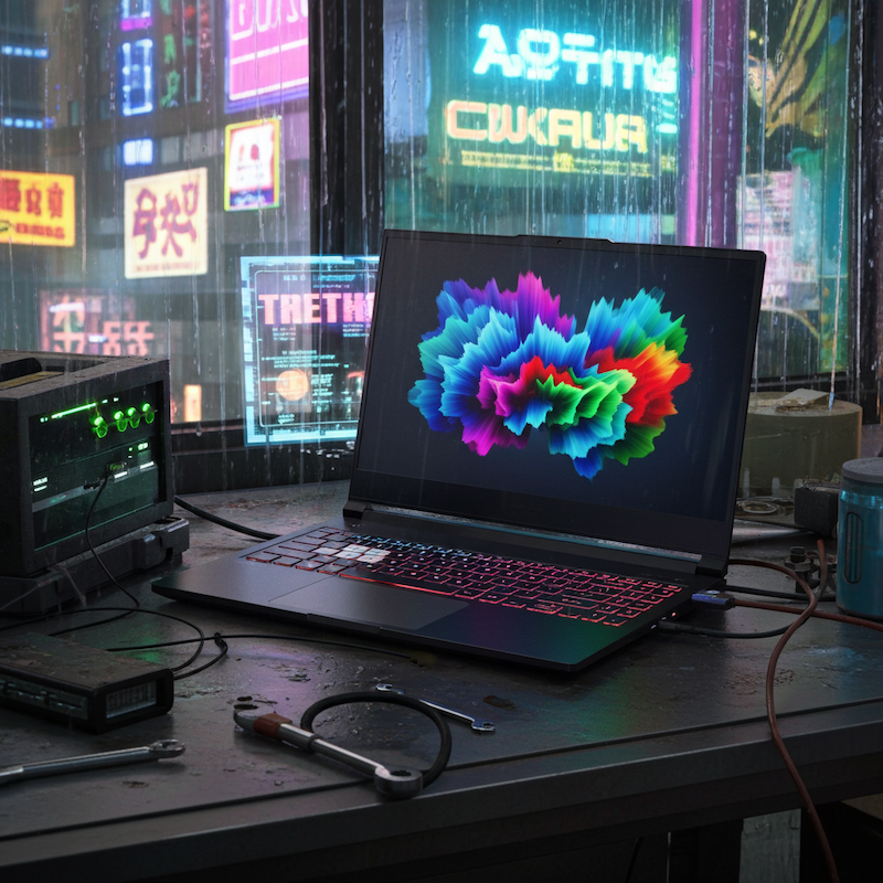 Una laptop negra con retroiluminación multicolor en el teclado y una imagen de prueba colorida en la pantalla, ahora colocada sobre una mesa de trabajo.
             Detrás de la mesa de trabajo, hay una ventana con anuncios multicolores
             que se muestran afuera.