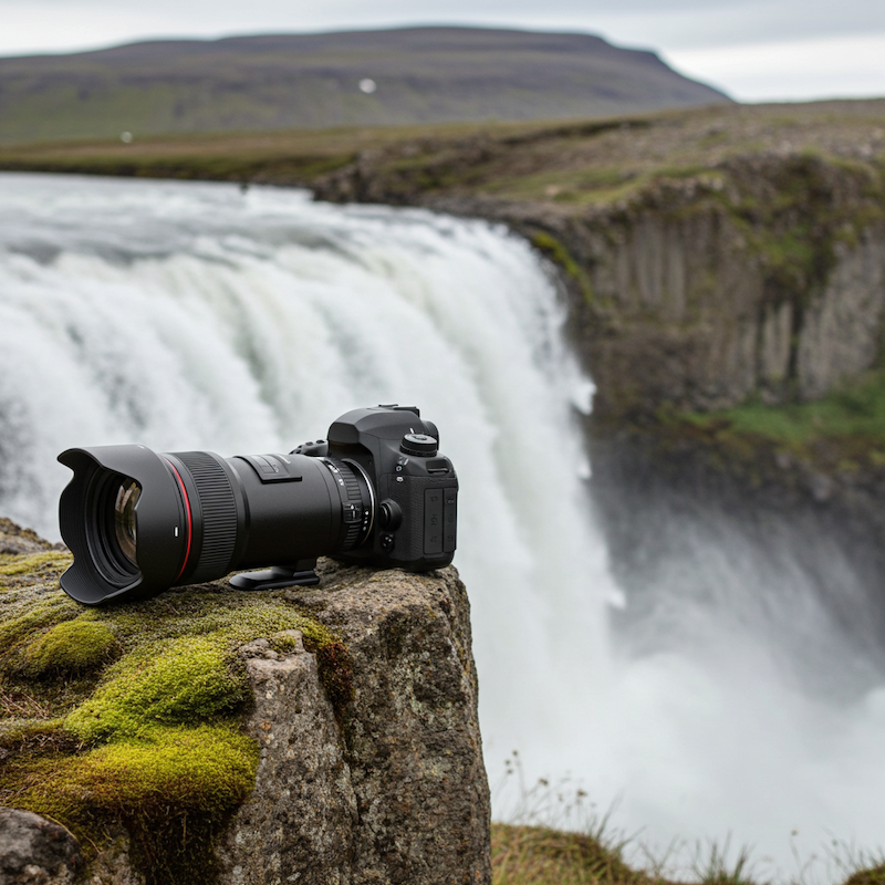 Una cámara réflex digital con un lente grande conectado, colocada sobre un fondo blanco. Ahora la cámara está ubicada en el borde de un acantilado, con una cascada ancha de fondo.