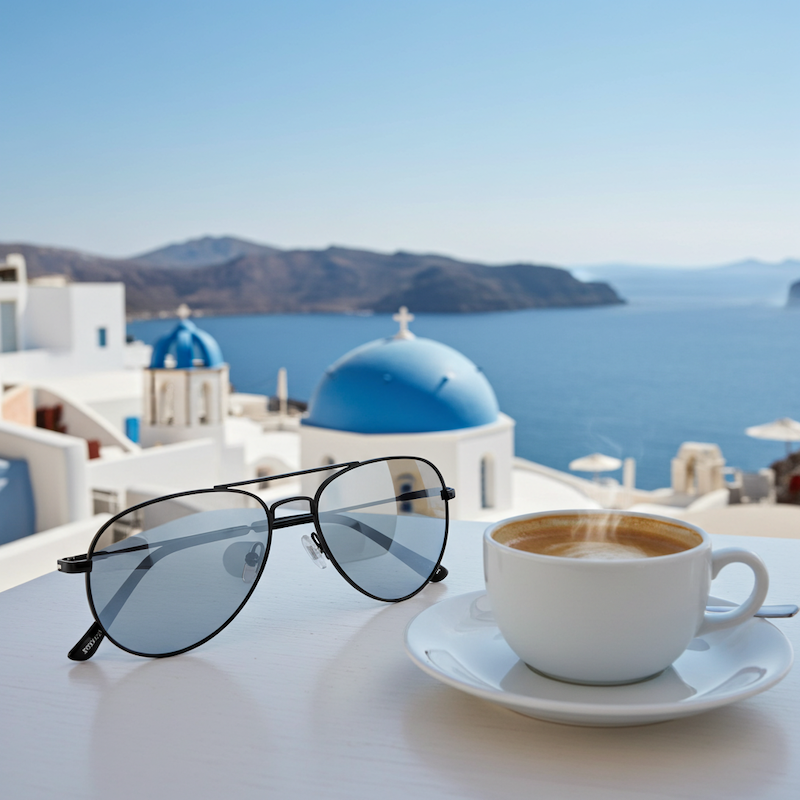 Un par de anteojos de sol, ahora colocados sobre una mesa con una taza de café en un platillo en primer plano y una vista panorámica de la parte superior de una iglesia y una masa de agua con colinas en el fondo.
