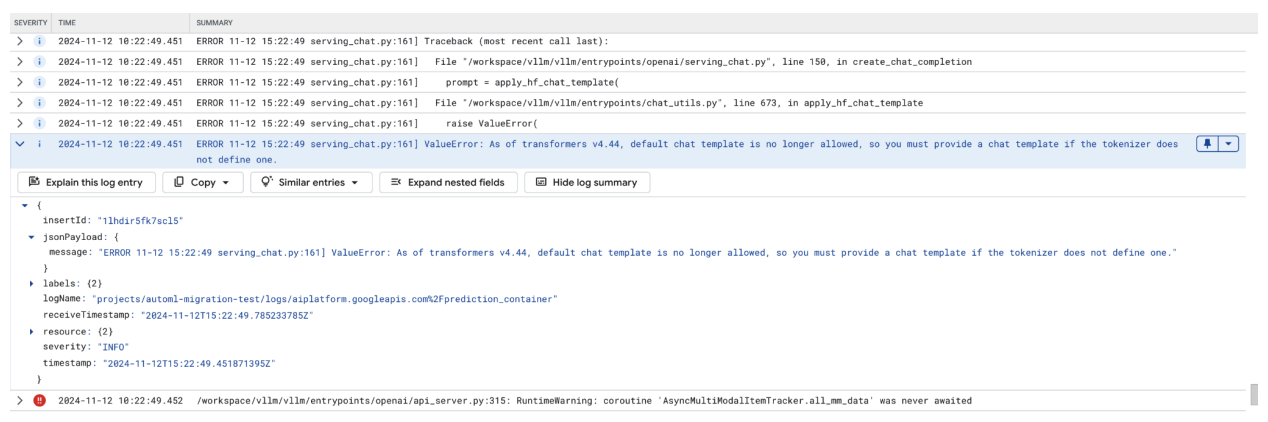 Pesan error yang menunjukkan bahwa template chat diperlukan untuk mengakses model