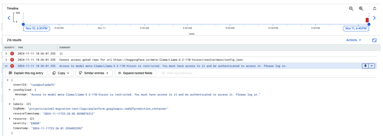 Error message indicating that a HuggingFace token is needed to access the model