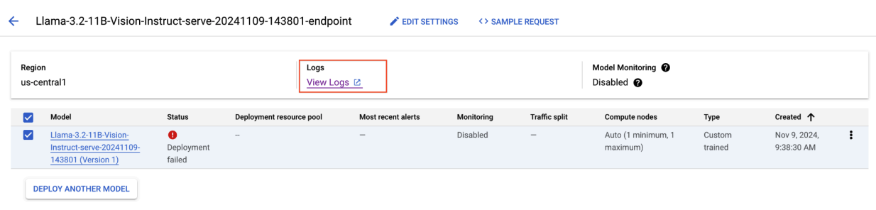 Pesan error yang menunjukkan bahwa deployment Llama 3.2 gagal