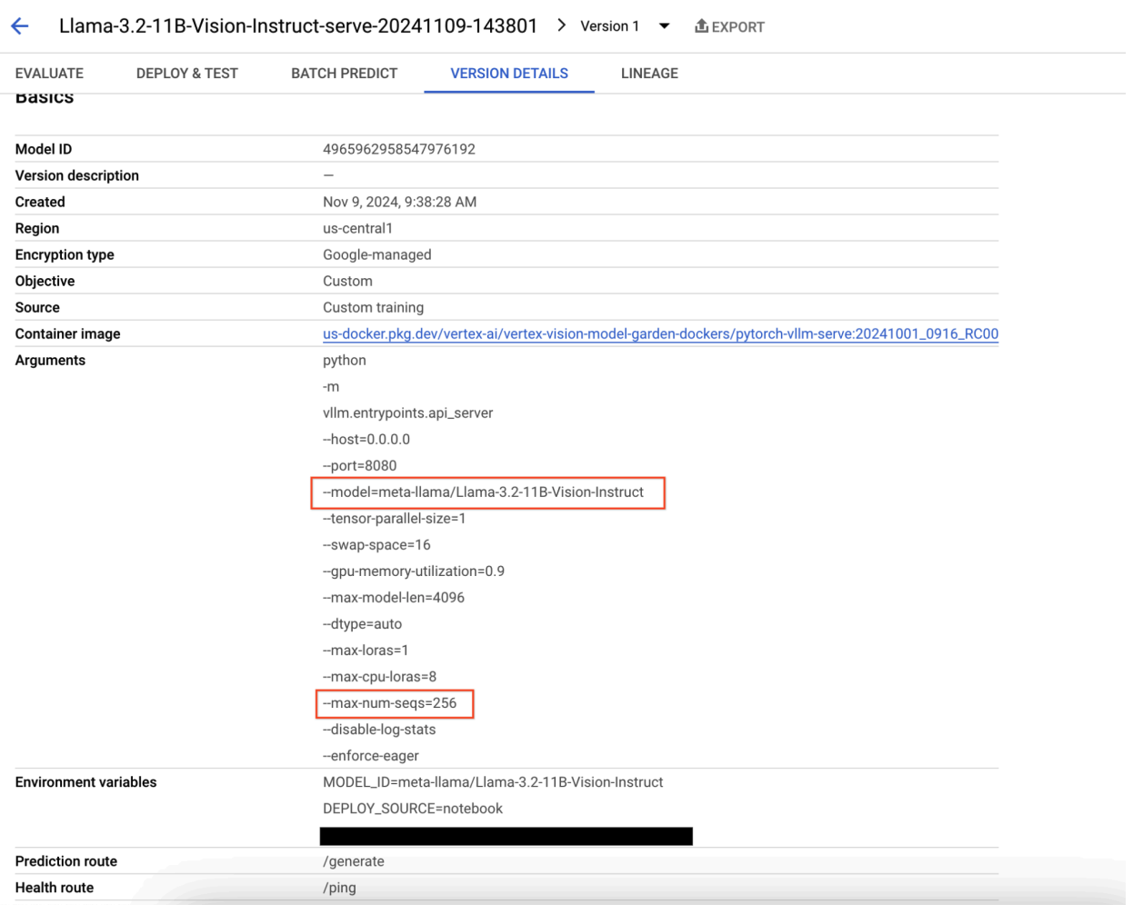 Bereich „Model Version Details“ (Details zur Modellversion)