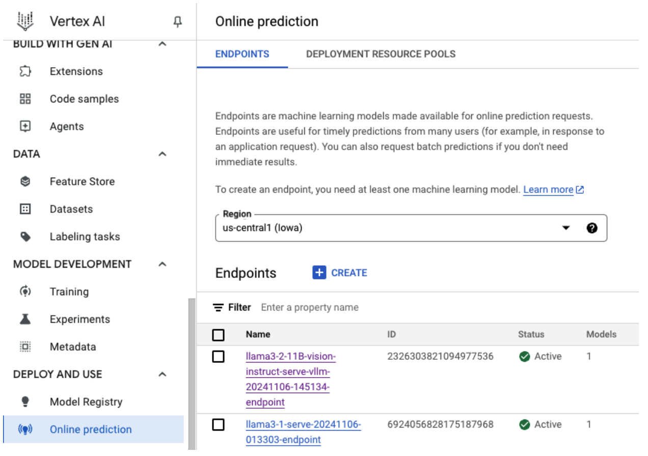 Endpoint di deployment di Llama 3.2 nella dashboard Vertex