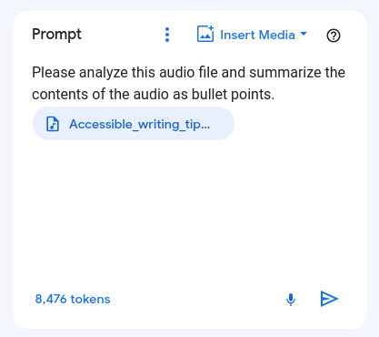 The audio summarization prompt text and audio file