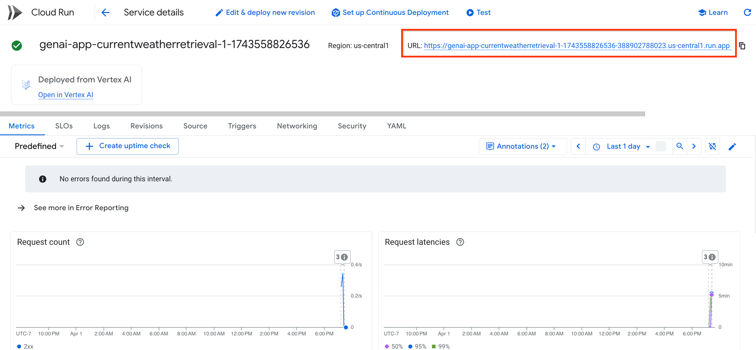 Cloud Run 页面中的应用链接未附加密钥