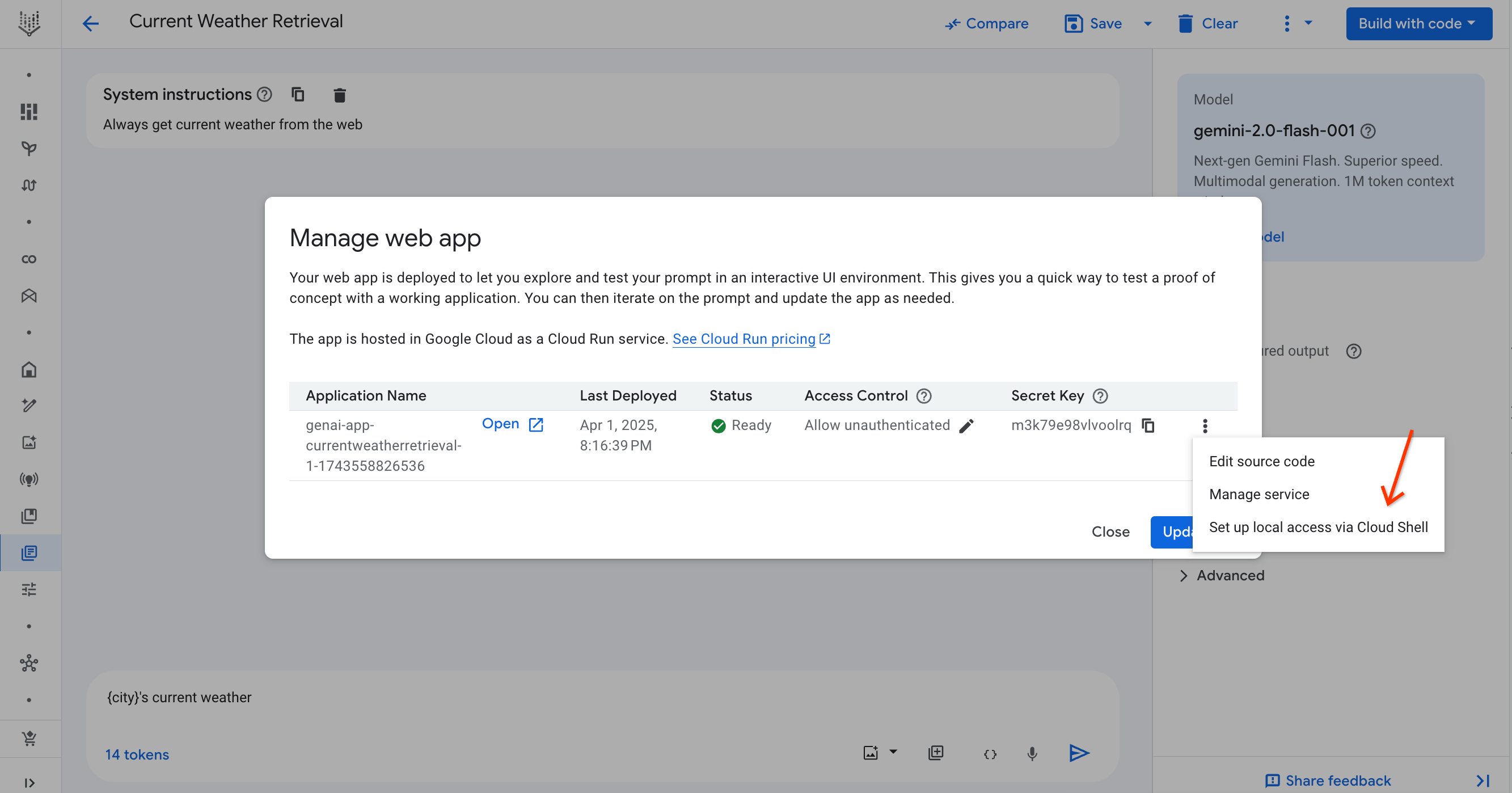 Configurar el comando de acceso local desde el cuadro de diálogo de gestión de la aplicación web