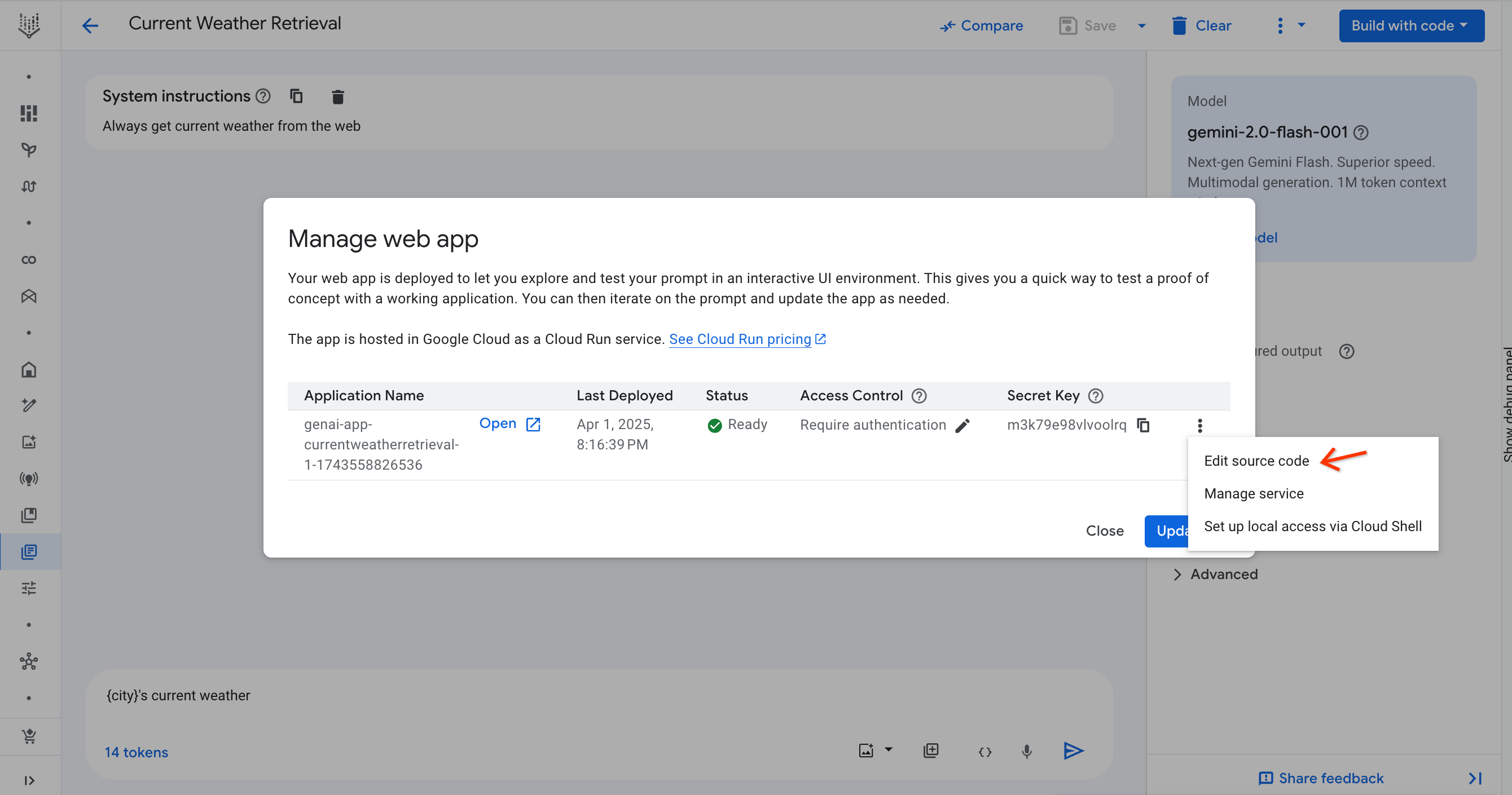 apri l&#39;editor di codice open source dalla finestra di dialogo Gestisci app web