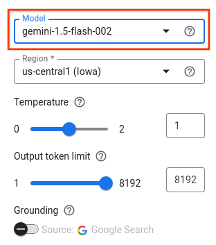 Modelo Gemini no painel de configurações