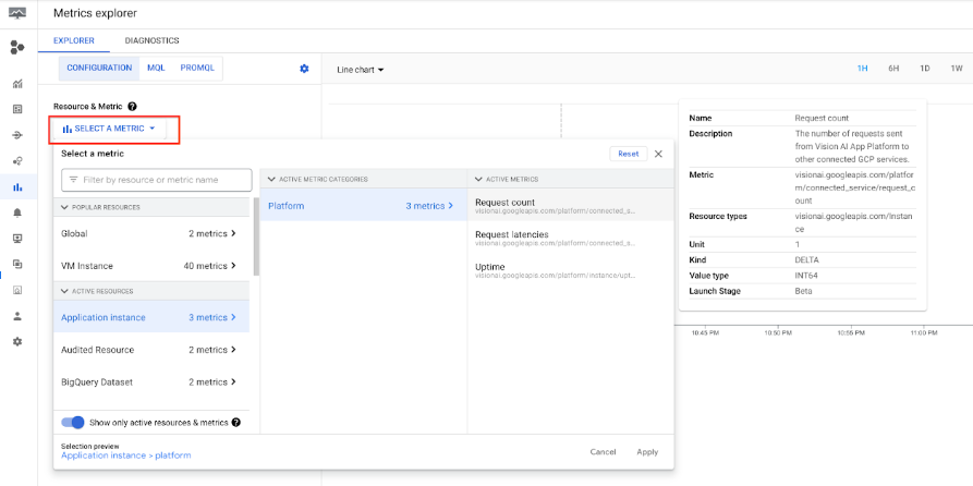 Metrics Explorer: selecione uma opção de métrica