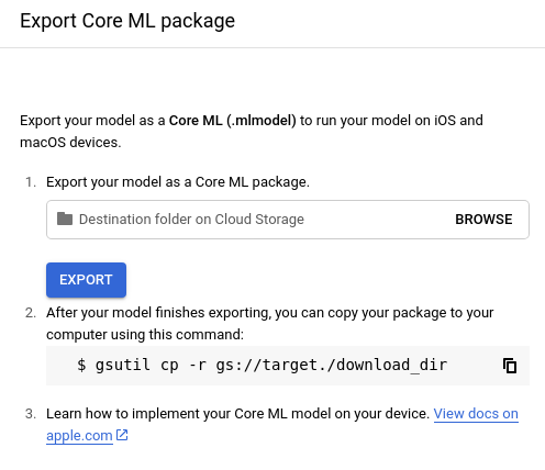 Opción de exportar modelo de Core ML