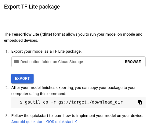 opzione Esporta modello TF Lite aggiornata