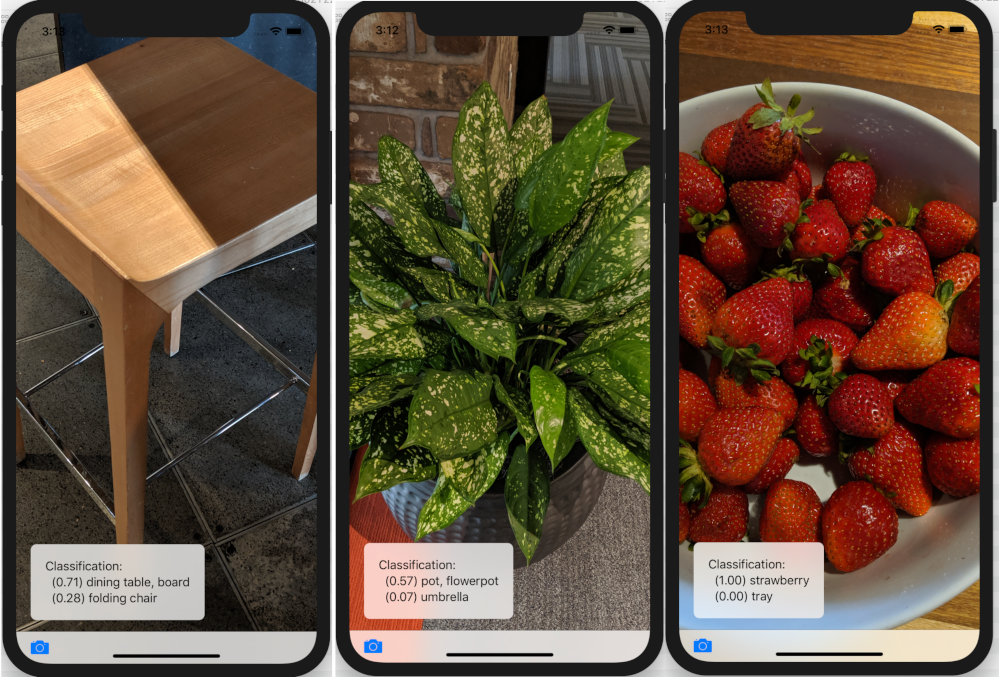 Klassifizierungen mit der generischen ursprünglichen App: Möbel, Obst, Pflanzen