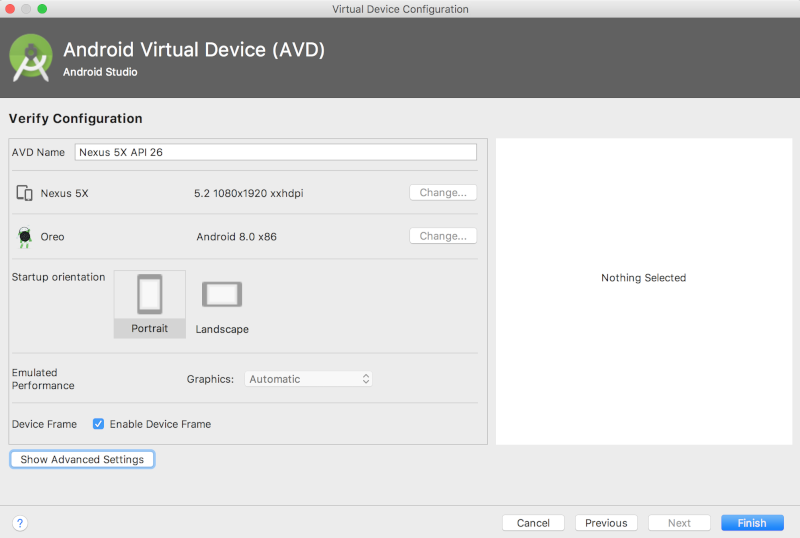 Opzione per creare un dispositivo virtuale con Android Studio