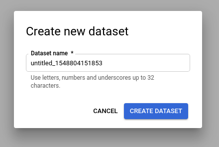 Creating a dataset new dataset name window