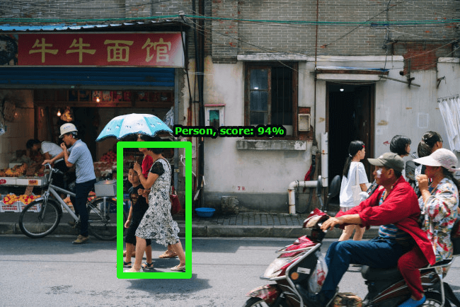 Image d'une rue de Shanghai contenant les résultats de la détection d'objets