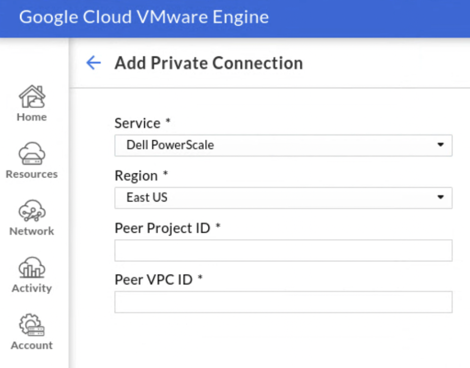 Captura de tela da seleção de um serviço Dell PowerScale na tela "Conexão privada"