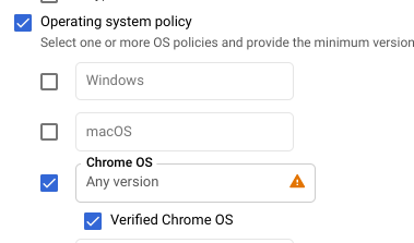 확인된 Chrome OS 옵션이 사용 설정된 운영체제 정책