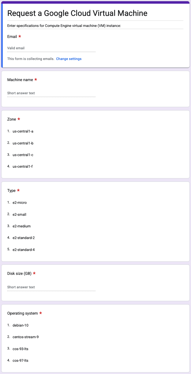 Example of form to request creation of Google Cloud Virtual Machine