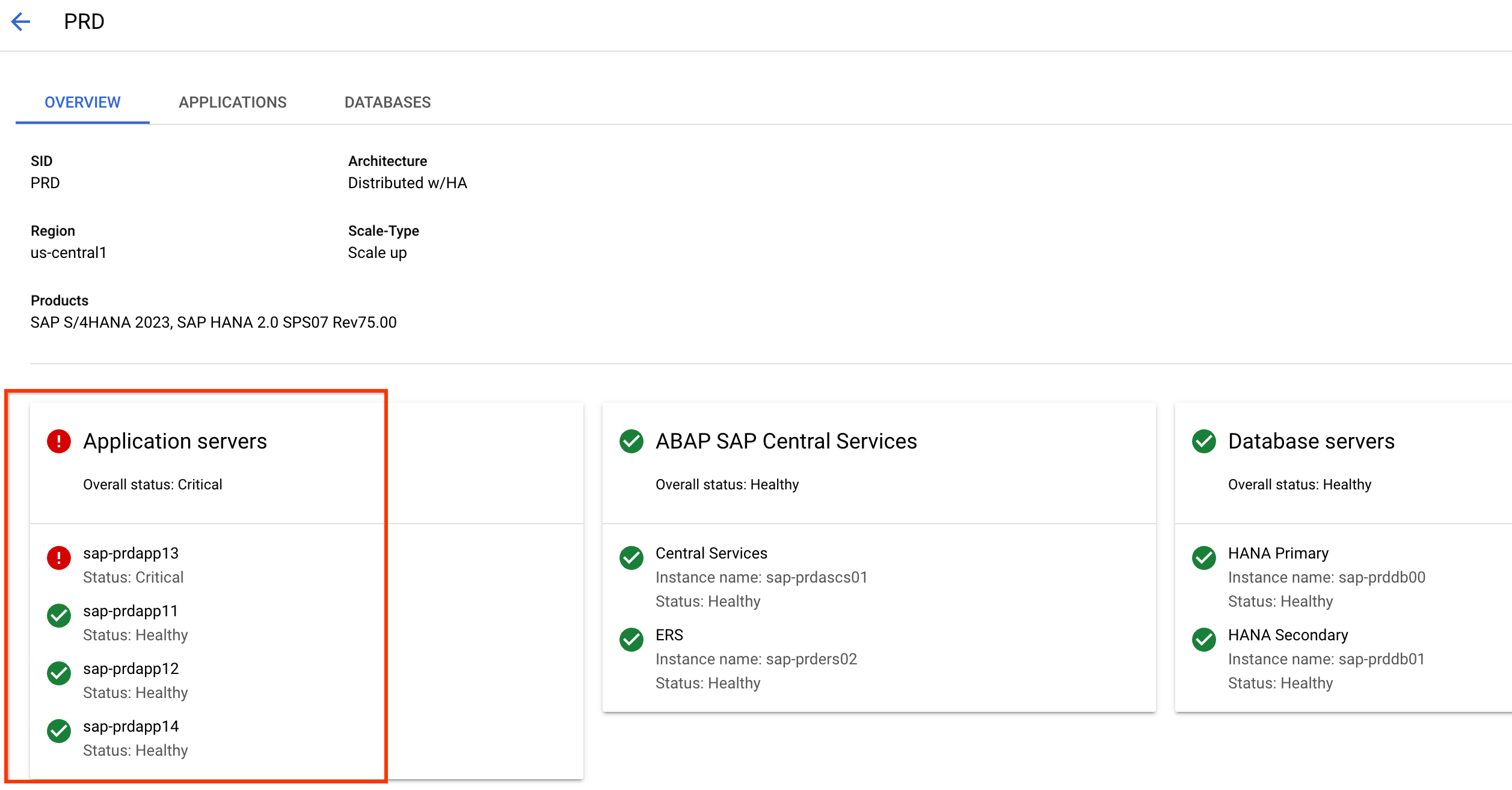 System dashboard with critical status