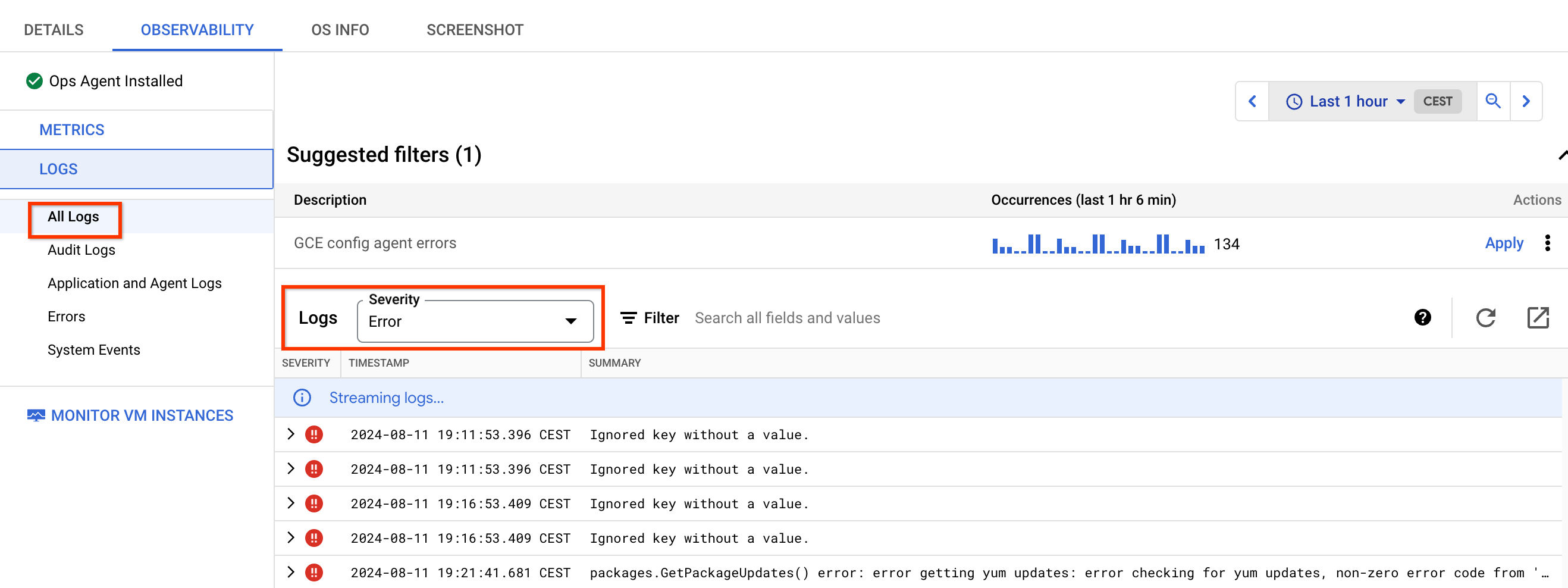 Separador de observabilidade de VMs
