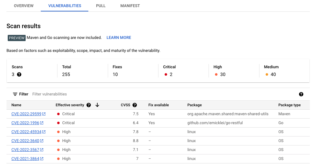 Pagina Vulnerabilità di Artifact Registry che mostra un elenco di esempio di vulnerabilità