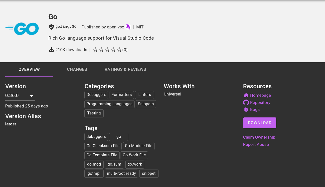 Buka halaman VSX untuk ekstensi bahasa Go yang menampilkan tombol Download.
