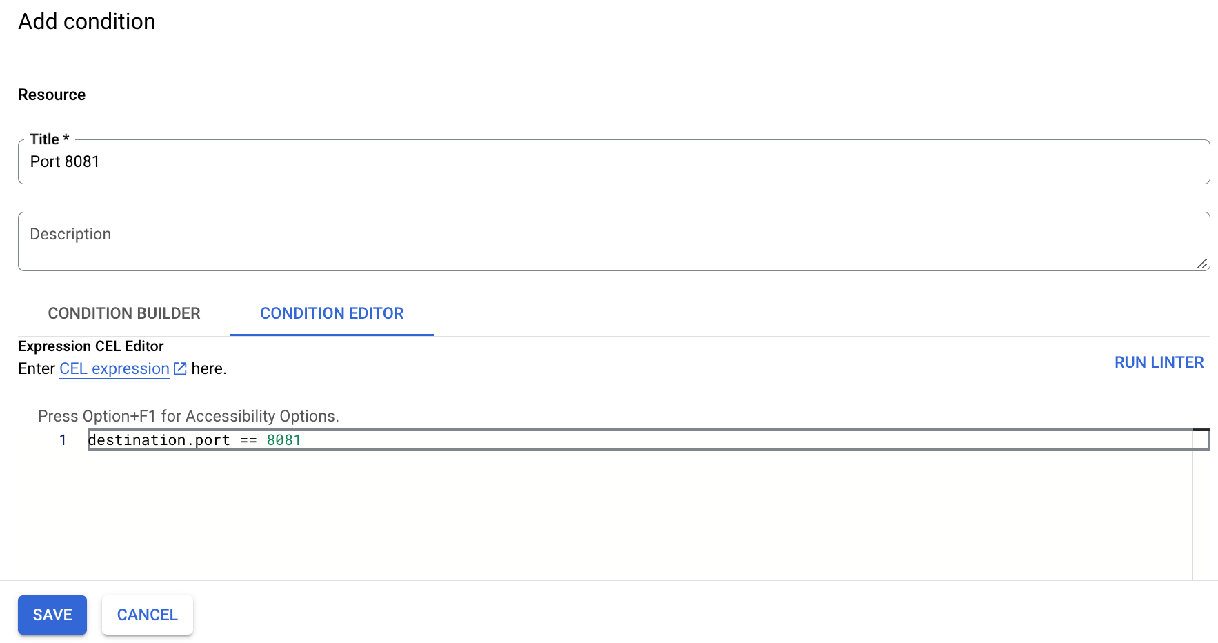 IAM conditions editor with destination port 8081 condition